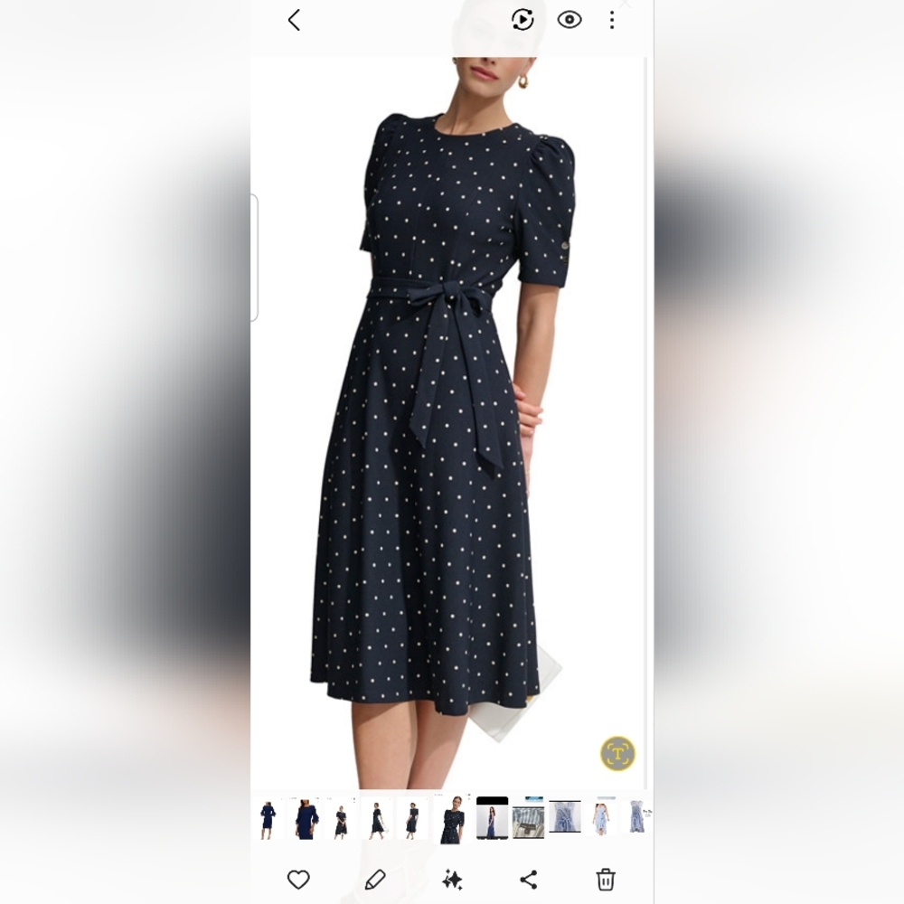 DKNY Women’s Navy Polka Dot Midi Dress NWOT SZ 16
